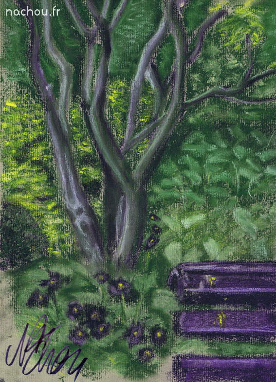 Un banc violet sur fond végétal